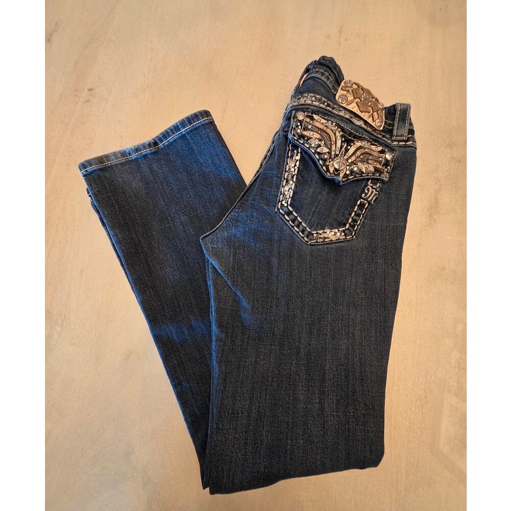 Miss Me Women's Denim Mid-Rise Easy Boot Jeans SZ 29 Wings Bling Rhinestones Y2K